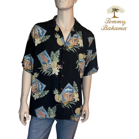 Tommy Bahama Shirt Pinup Girl Pattern 100% Silk Floral Tiki Hawaiian Made Hawaii - Picture 1 of 12